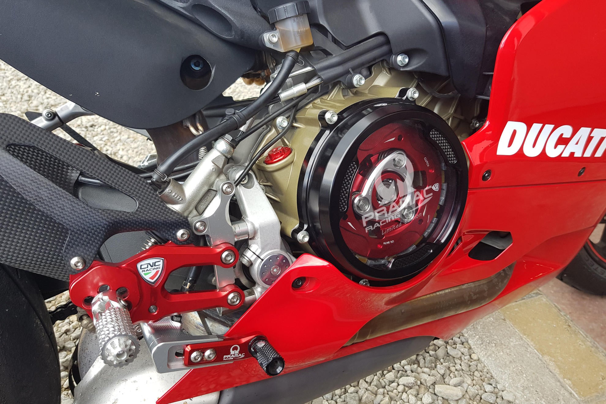 CNC Racing PRAMAC RACING LIMITED EDITION Clear Wet Clutch Cover With Carbon Inlay for the Ducati Panigale 1299/1199/959 Superleggera (and 899 too with modification)