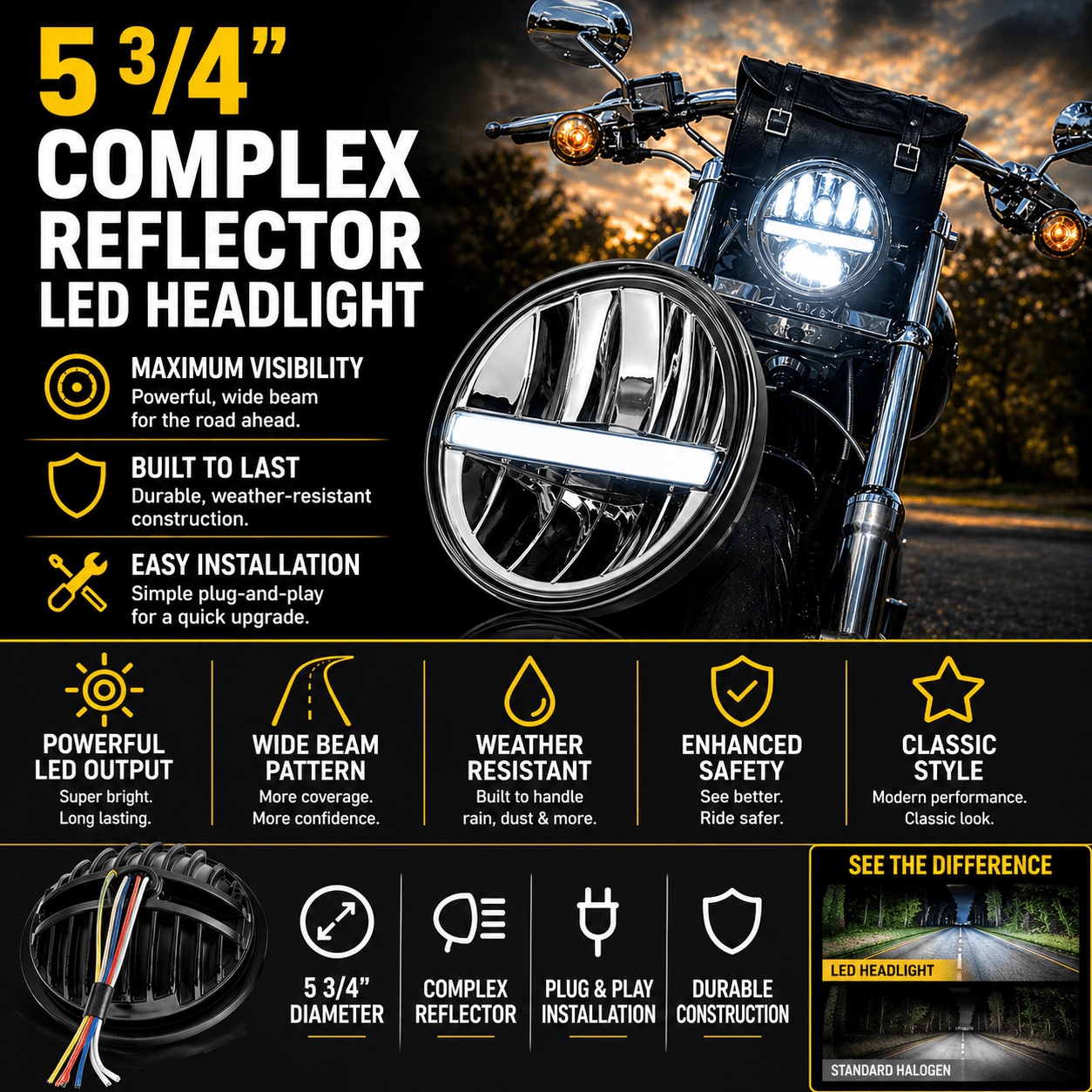 Eagle Lights 5 3/4" Complex Reflector LED Headlight for Harley-Davidson® and Indian Motorcycles