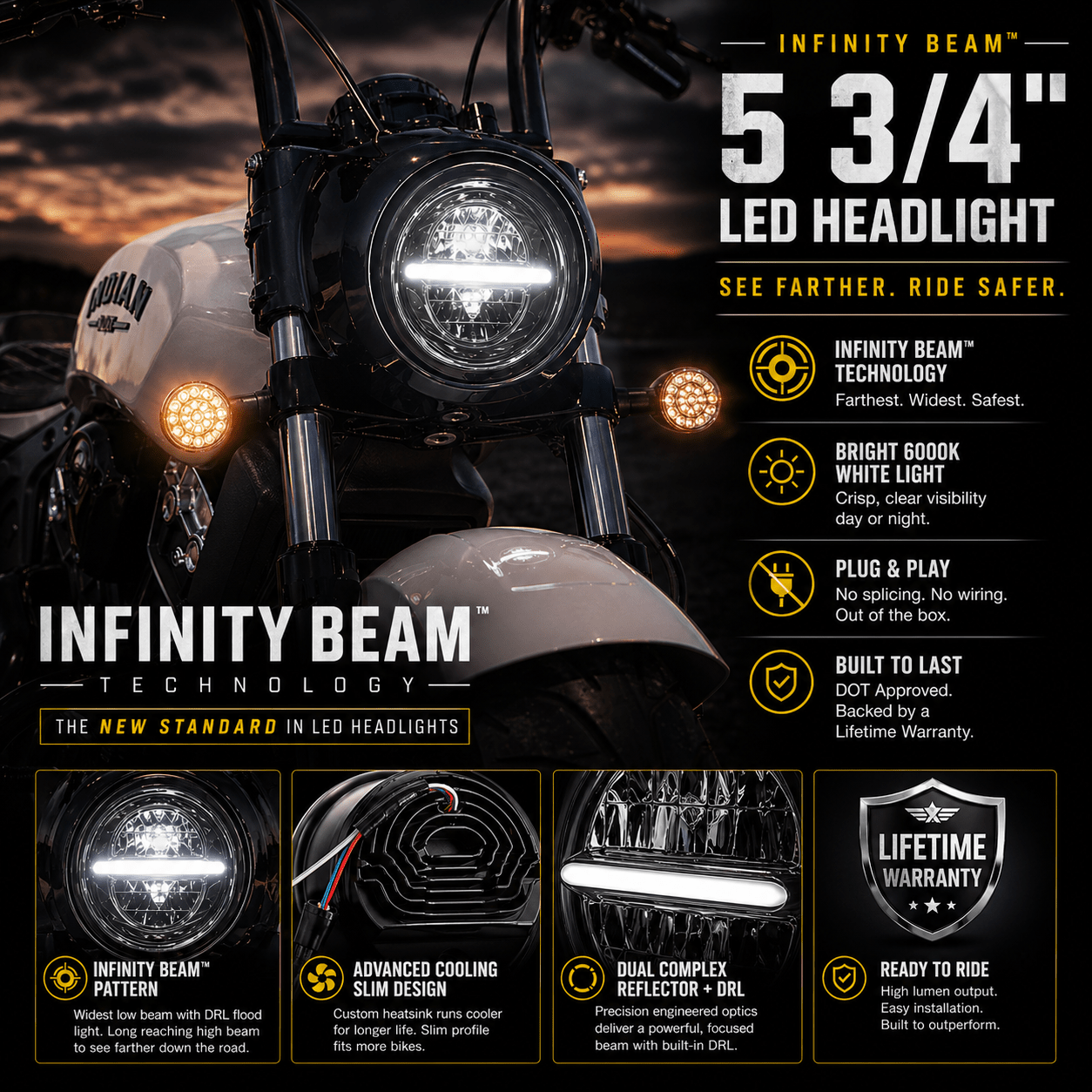 Eagle Lights Infinity Beam Series 5-3/4" Round LED Headlight for Harley-Davidson® and Indian® Motorcycles