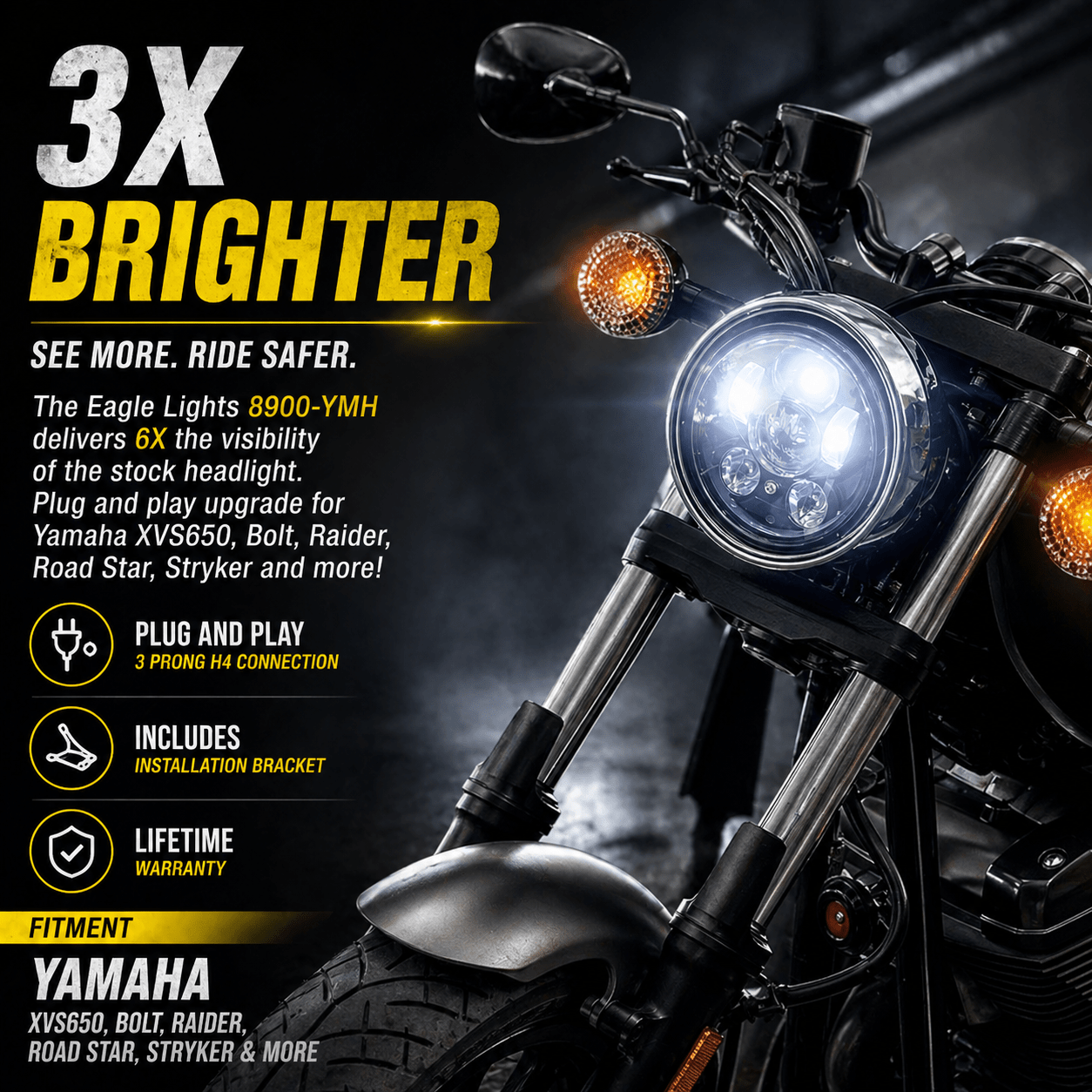 Eagle Lights 5 3/4" LED Headlight for Yamaha XVS650, Bolt, Raider, Road Star, Stryker Models
