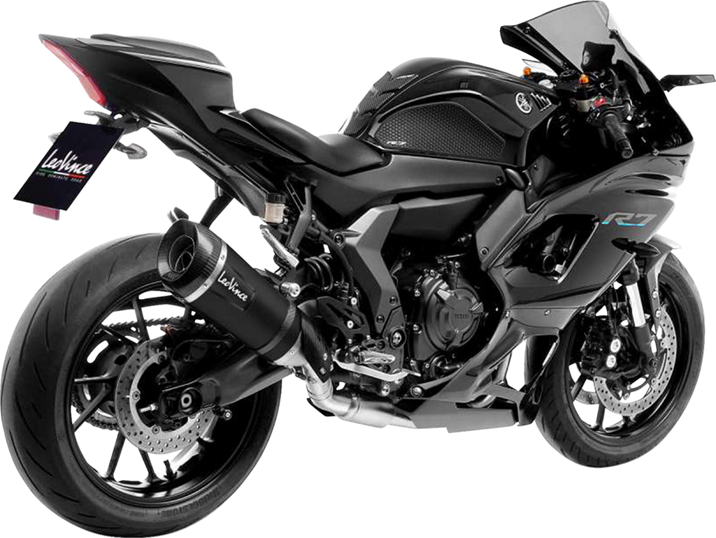 LeoVince 14405SBU black exhaust installed on Yamaha R7 rear view