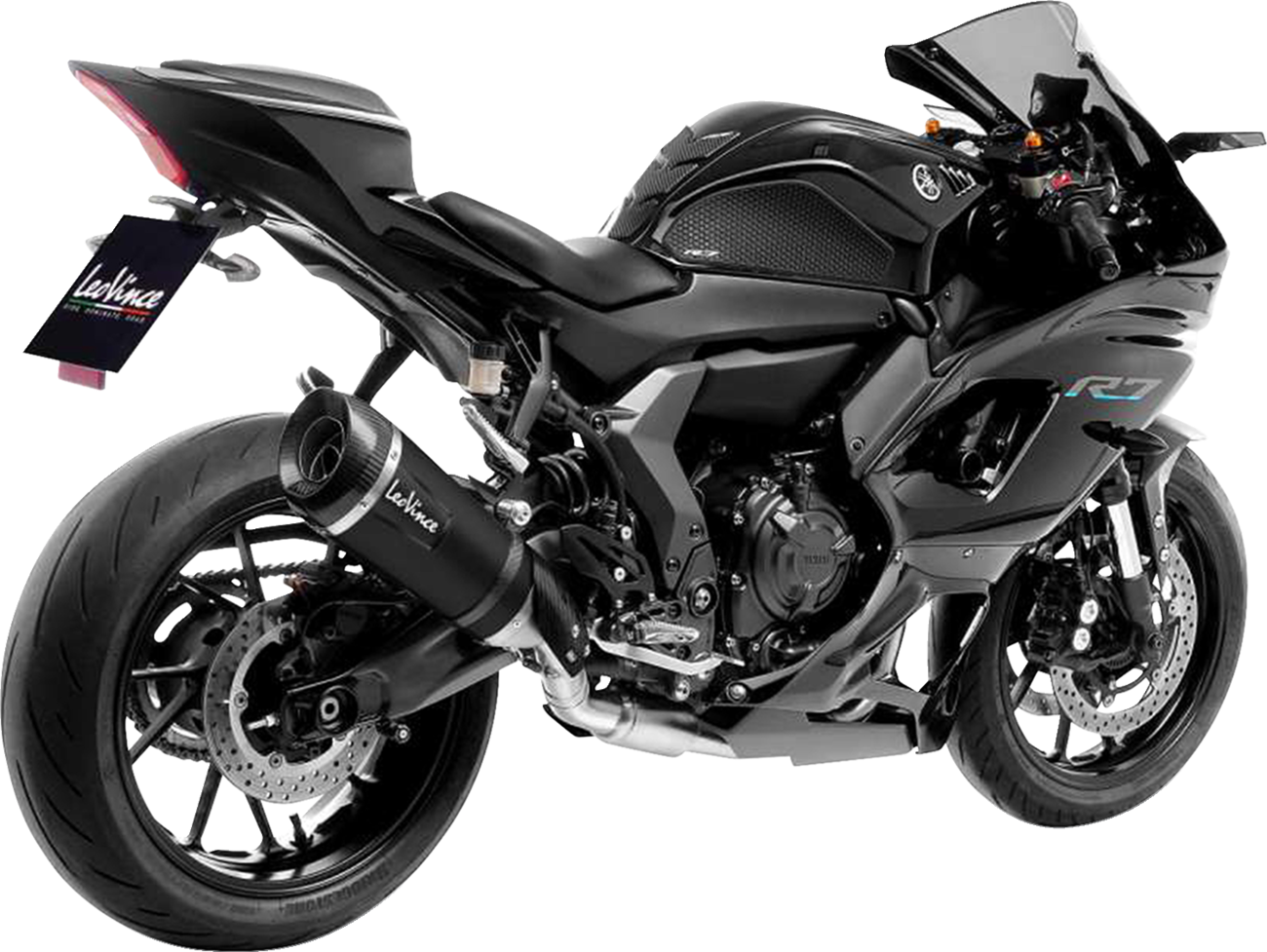 LeoVince 14405SBU black exhaust installed on Yamaha R7 rear view