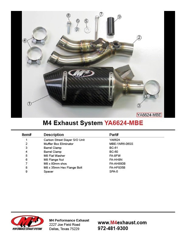 M4 Exhaust 2006-2020 Yamaha R6 Slip-On Street Slayer Muffler Box Eliminator Kit Carbon