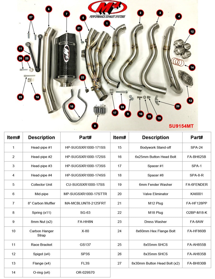 M4 Exhaust 2017-2026 Suzuki GSX-R1000 Full System Mid-Pipe Titanium Tech1 Carbon