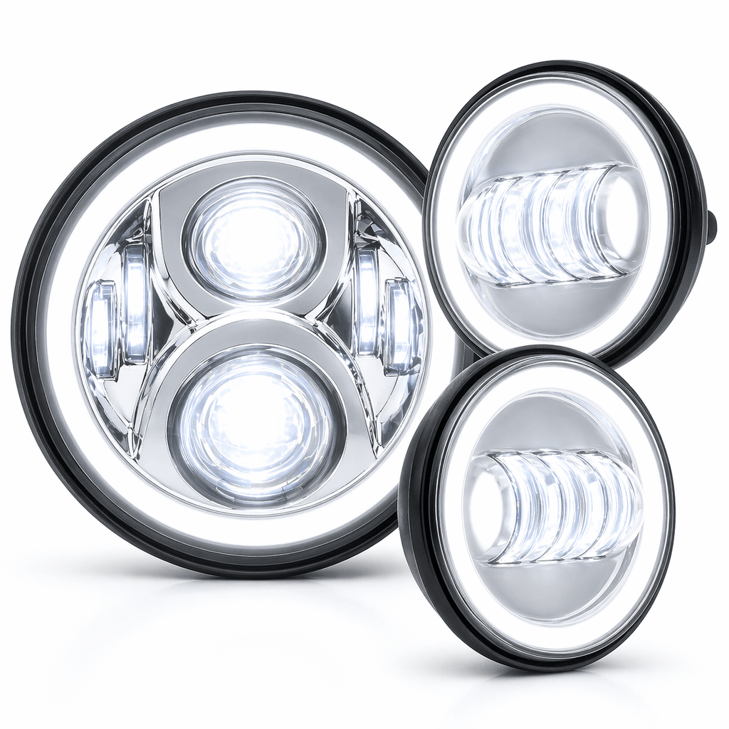 Eagle Lights 7" LED Headlight and 4.5" LED Passing Light Kit with Halo Rings for Harley-Davidson® & Indian® Motorcycles - Generation II / Chrome / Halo Ring