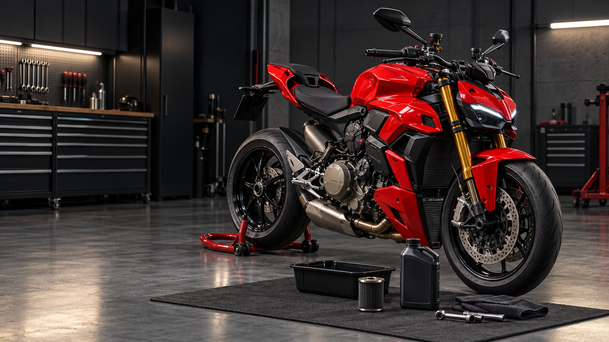 Original editorial image of a 2022-2024 Ducati Streetfighter V2-generation motorcycle prepared for an oil change