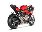 Akrapovic S-B10SO11-CBT titanium slip-on exhaust installed on a BMW S1000RR — rear three-quarter view