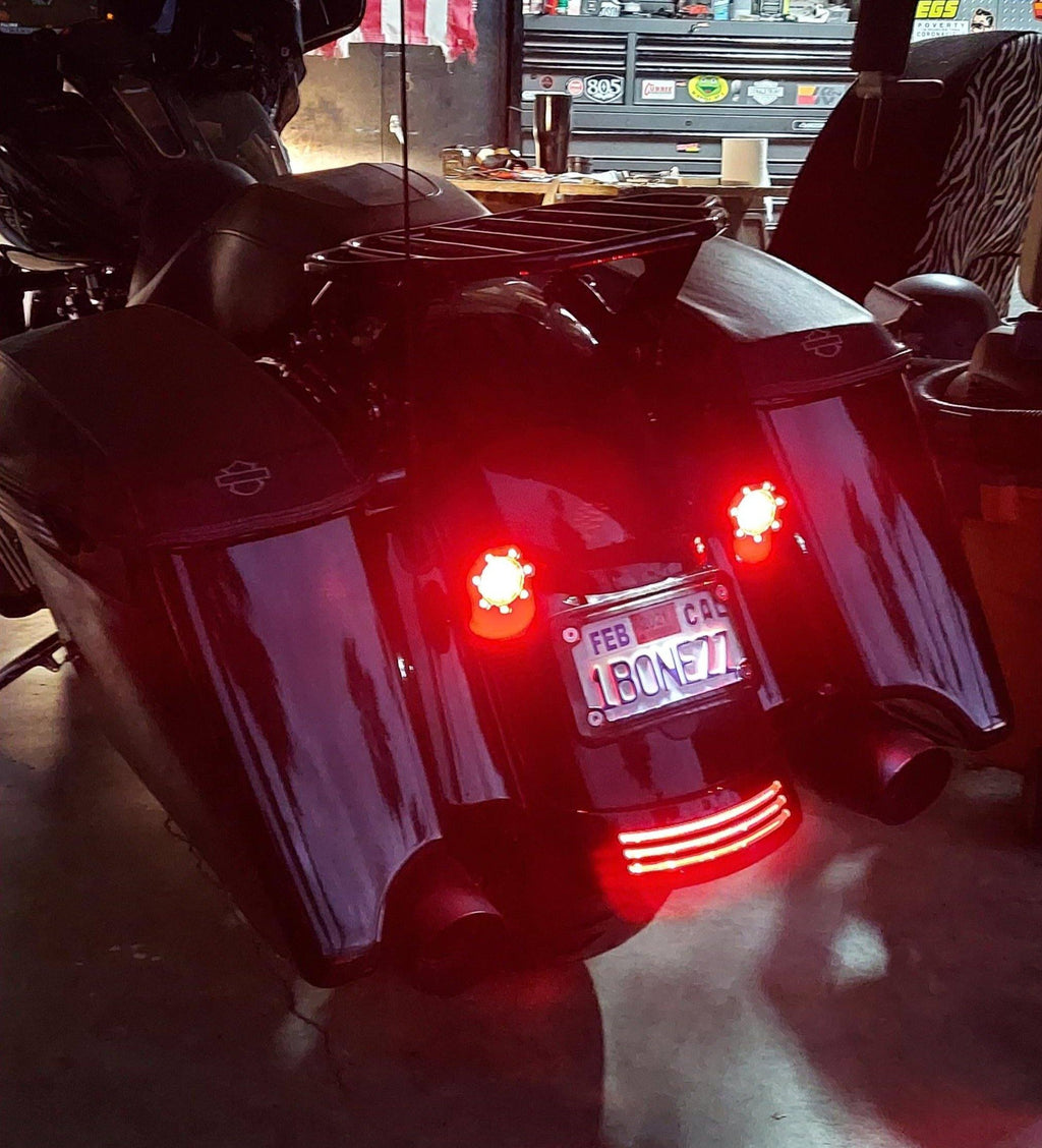Eagle Lights Infinity Beam 2” Rear LED Turn Signals w/ Running and Brake Lights LED Ring Covers for Harley-Davidson® - Rear 1157 / Red LEDs